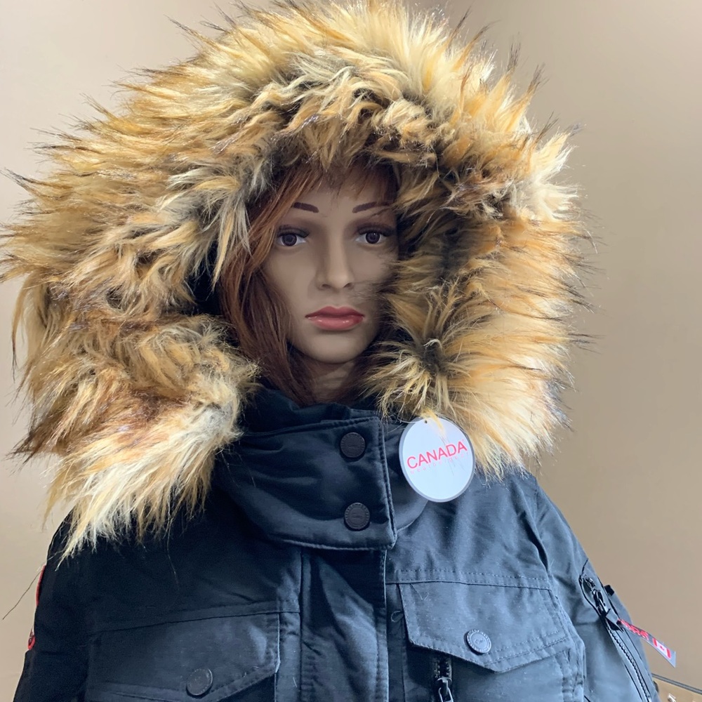 Canada weather gear black waterproof coat. Faux fur. Vegan friendly